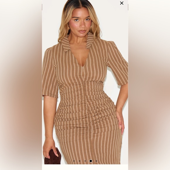 PrettyLittleThing Brown Striped Ruched Front Collared Split Front Maxi Dress - Picture 2 of 8